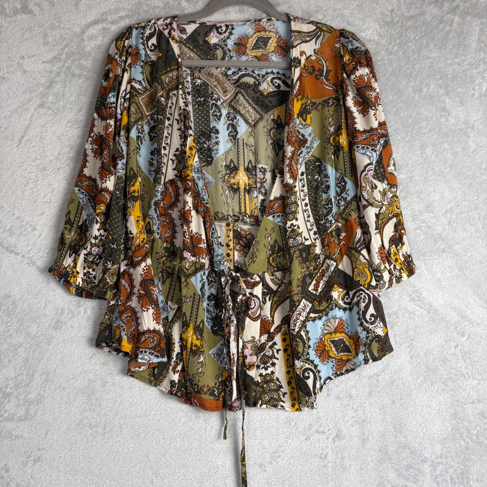 Cream Melody Blouse‎ Womens 38 Medium Patchwork Paisley Tie Front Wrap Top Multi